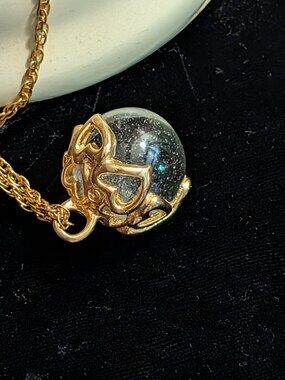 Unique Necklace -Clear world globe pendant-Gold tone chain -gold hearts design